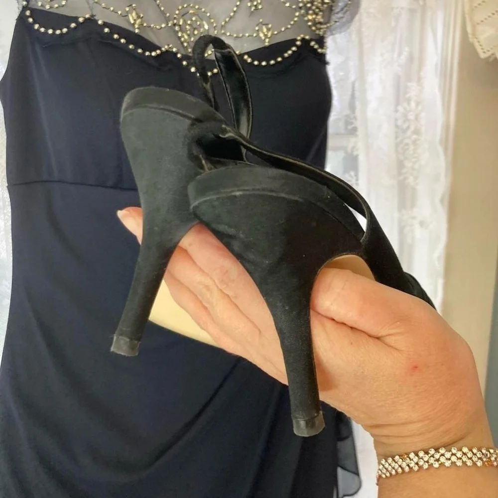Karen Scott Black satin texture peep-toe heels with rose detail #glamour 8M